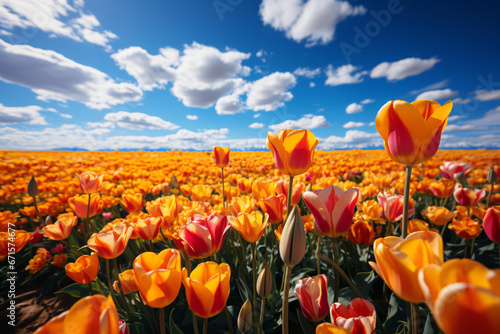 Panorama of landscape with blooming colorful tulip field, traditional dutch windmill and blue cloudy sky in Netherlands Holland , Europe - Tulips flowers background panoramic banner  #671574677