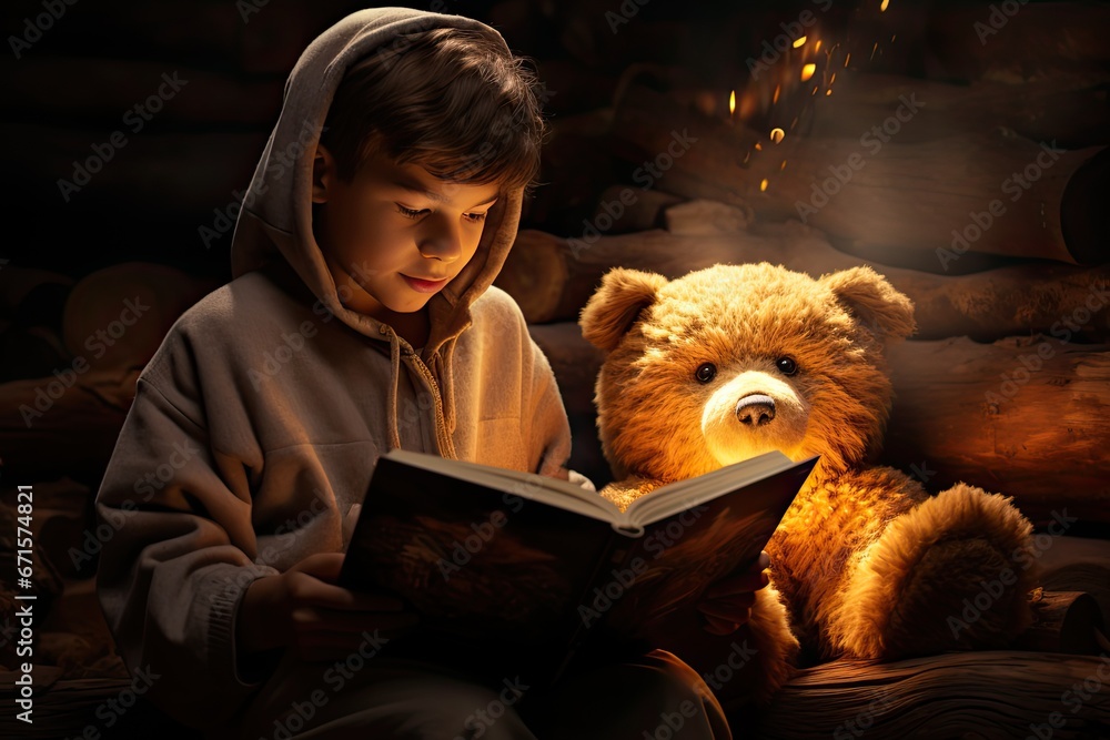 Młody chłopiec czytający książkę z pluszowym misiem. Symbol rozwoju wyobraźni, marzeń i edukacji.  - obrazy, fototapety, plakaty 