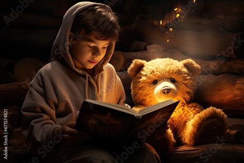 Młody chłopiec czytający książkę z pluszowym misiem. Symbol rozwoju wyobraźni, marzeń i edukacji.  photo