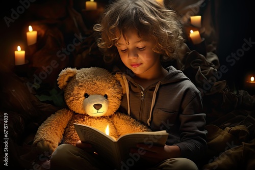 Młody chłopiec czytający książkę z pluszowym misiem. Symbol rozwoju wyobraźni, marzeń i edukacji. 