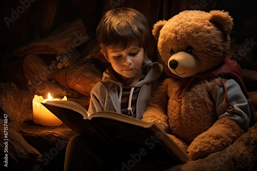 Młody chłopiec czytający książkę z pluszowym misiem. Symbol rozwoju wyobraźni, marzeń i edukacji. 