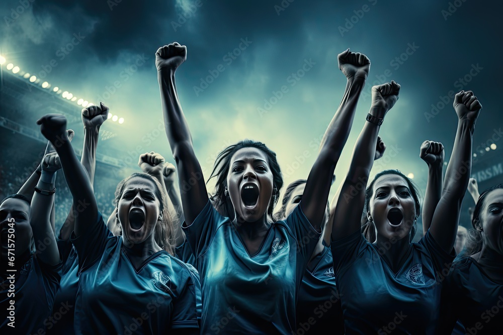 Kobieca drużyna piłki nożnej świętuje zwycięstwo po meczu footballu.  - obrazy, fototapety, plakaty 