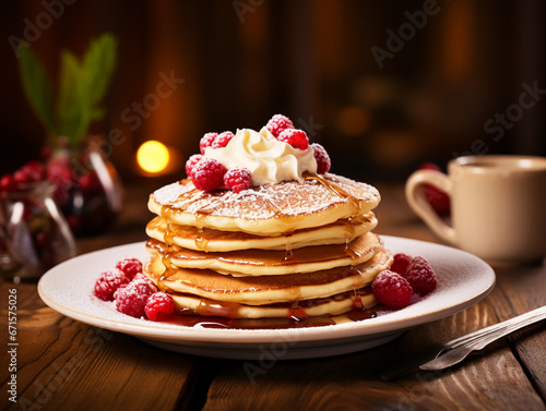 Delicious Pancakes with berries on a wooden table - ai generative