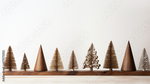 Rustic wooden Christmas tree decor on a wood shelf.