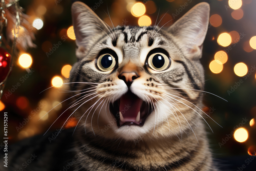 Surprised cat with open mouth on Christmas background