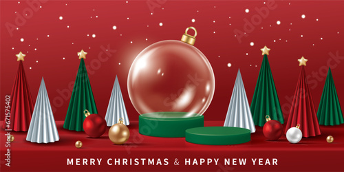 Christmas banner for product demonstration. Green pedestal or podium with crystal ball, bauble and Christmas trees on red background.
