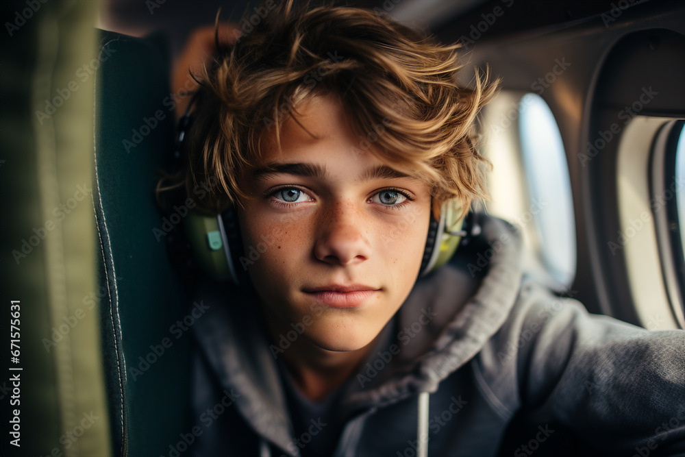 Generative AI picture portrait of traveler person inside modern airplane plane while flight looking illuminator
