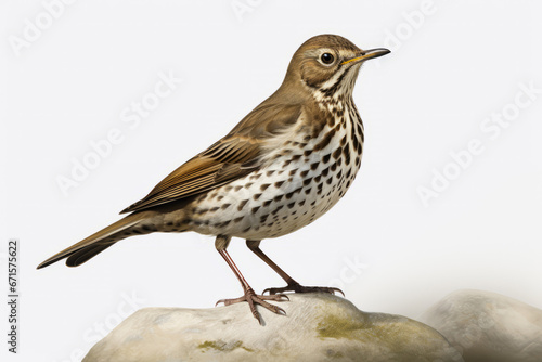 Close up illustration of a European Song Thrush Turdus philomelos cut out an isolated on a white background