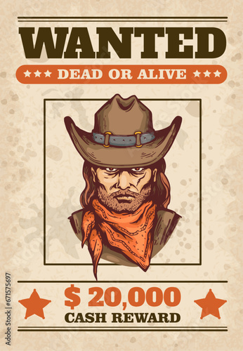 Wanted poster with cowboy portrait and text on textured background.