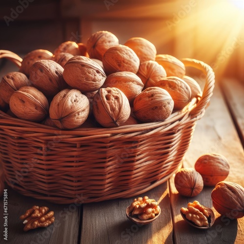 hazelnuts in a basket on a wooden table background  sunshine © Садыг Сеид-заде
