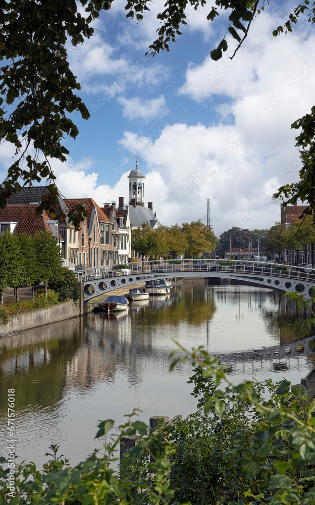 City Hall. and canal. Bridge. City of Dokkum Friesland Netherlands. 