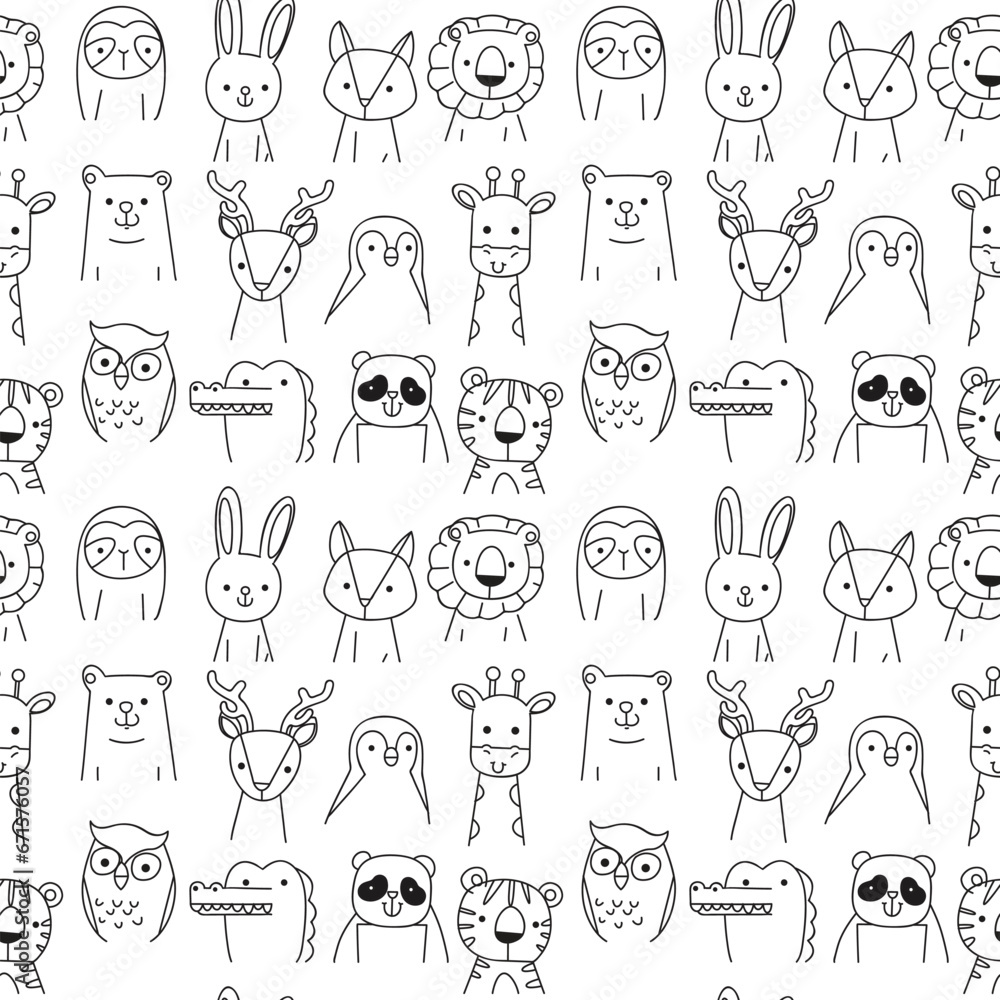 Cute seamless pattern with, sloth, bunny, lion, fox, penguin, crocodile, tiger, owl, panda, polar bear, bear, reindeer and giraffe. Hand drawn vector illustration.