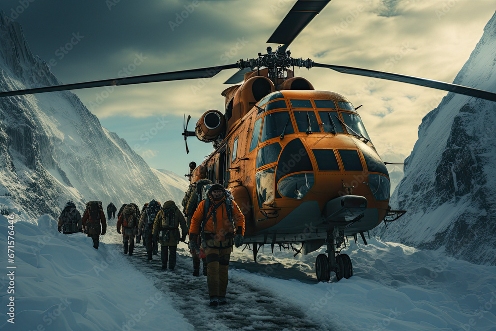 people climb snowy mountain road near rescue helicopter, people climb snowy mountain road near rescue helicopter,