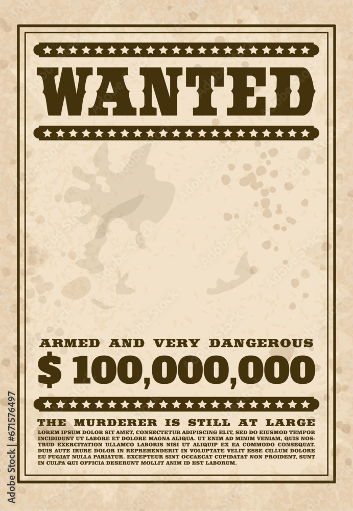 Vintage western style Wanted poster, old west paper blank reward with stars and messages, criminal photo frame vector