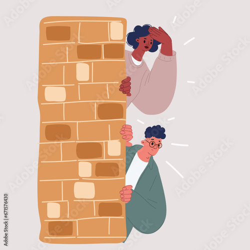 Cartoon vector illustration of man and woman hides behind the wall. Peeping person