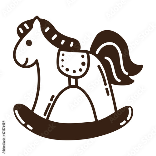 Isolated hand drawn doodle cute toy rocking horse. Flat vector illustration on white background. New Year, Merry Christmas. For card, invitation, poster, banner.