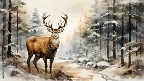 Watercolour illustration of deer in winter wood