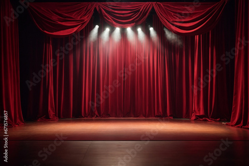 Theater stage with red curtains and spotlights. Stage background. 3D Render
