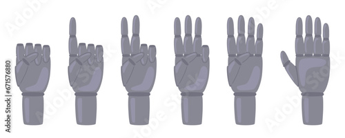 Set robot hands gestures counting number zero, one, two, three, four, five. Vector illustration in doodle style 