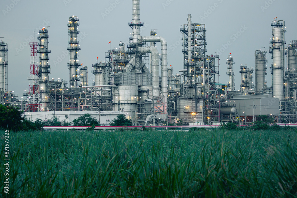 Scene evening of tank oil refinery plant tower and column tank oil Scene evening of tank oil refinery plant tower and column tank oil