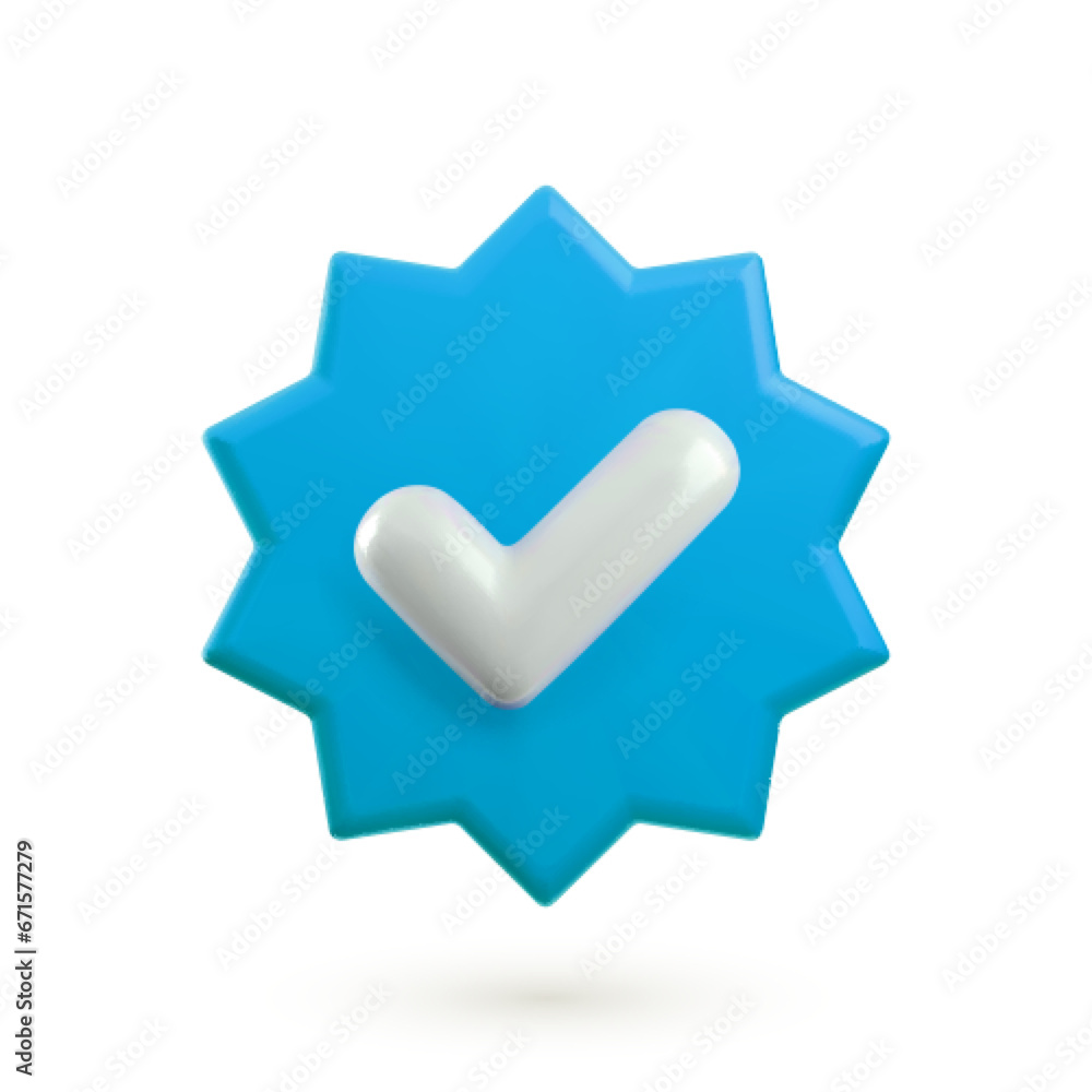 Vector 3d Check mark realistic icon. Trendy plastic blue round starburst badge with checkmark, approved icon on white background. Blue verified badge button. 3d render yes tick sign illustration. Vector 3d Check mark realistic icon. Trendy plastic blue round starburst badge with checkmark, approved icon on white background. Blue verified badge button. 3d render yes tick sign illustration.