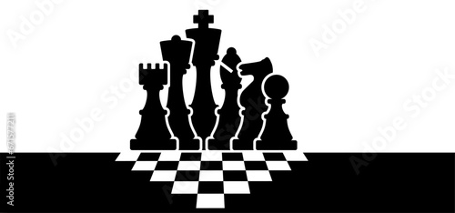 Chess pieces tower horse bishop, king queen Chess Board Setup Vector icon or symbol pieces Flat style the starting positions figures pieces. Chess day. Silhouette checker board. Square checker