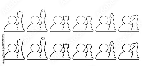 Profile, strategist man-with chess-figure. Chess pieces tower horse bishop, king queen Chess Board Setup Vector icon or symbol pieces Forchecker board. Square checker. Timework, business concept