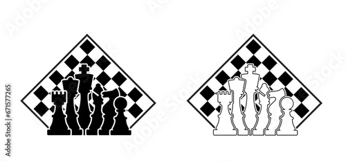 Chess pieces tower horse bishop, king queen Chess Board Setup Vector icon or symbol pieces Flat style the starting positions figures pieces. Chess day. Silhouette checker board. Square checker
