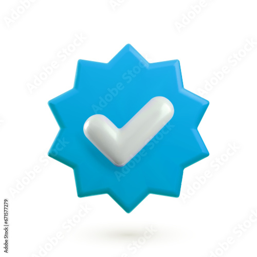 Vector 3d Check mark realistic icon. Trendy plastic blue round starburst badge with checkmark, approved icon on white background. Blue verified badge button. 3d render yes tick sign illustration.