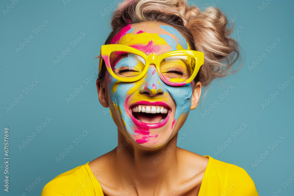 Funny woman covered in paint, wearing humorous glasses