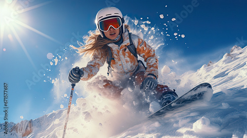woman skier in a white jacket is skiing in the bright sun photo