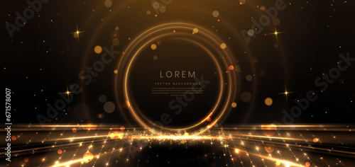 Elegant golden circle glowing with lighting effect sparkle on black background. Template premium award design.