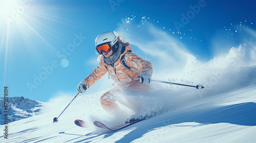 woman skier in a white jacket is skiing in the bright sun