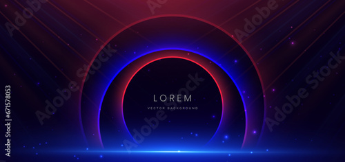 Abstract circle glowing blue and red light ray with lighting effect on dark blue background.