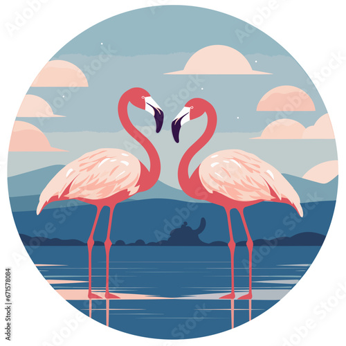 Flamingos bei Sonnenuntergang im Kreisrahmen