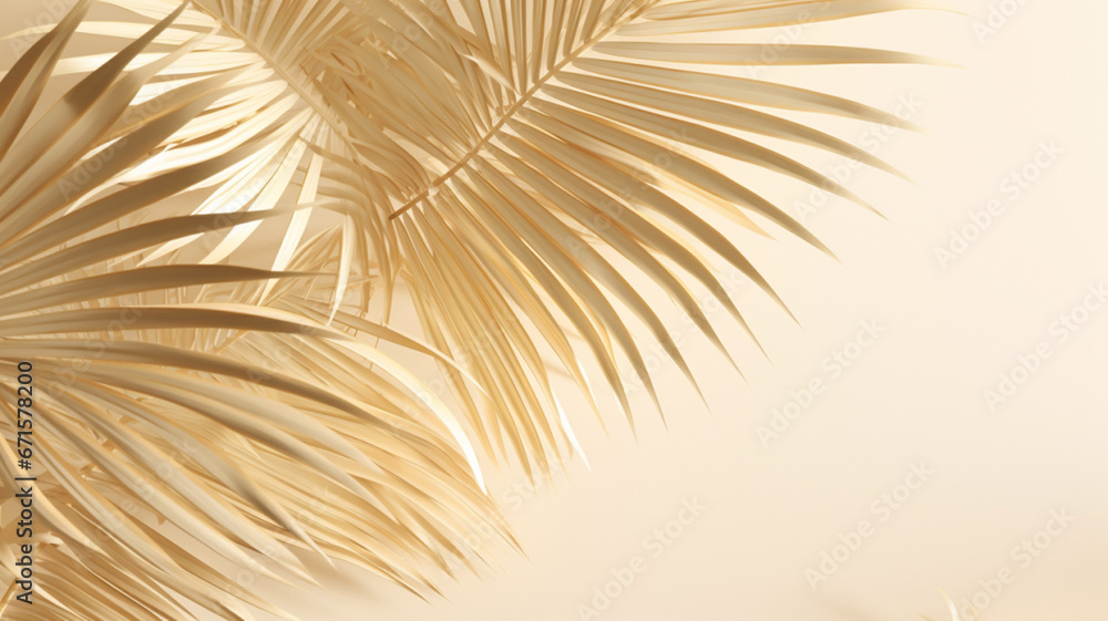 Fototapeta premium The palm plant tree and its leaves shadow on the bright orange color wall, Generative AI.