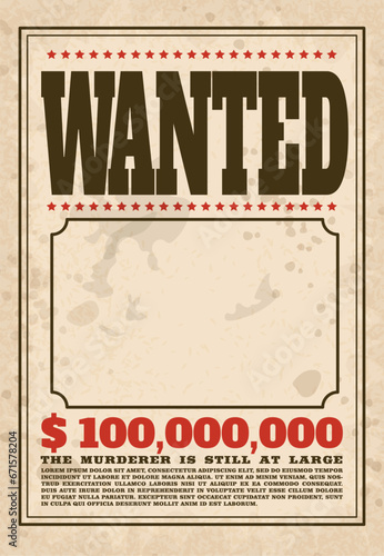 Western vintage Wanted poster, old west paper blank reward with stars and messages, wanted criminal photo frame vector