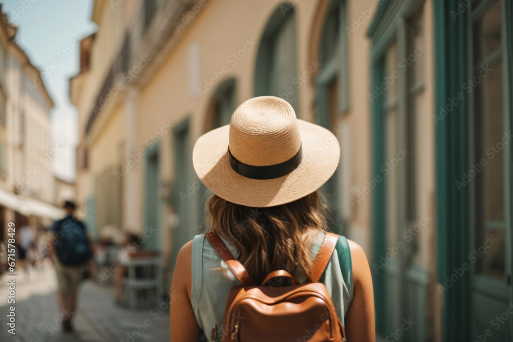 Back view of Tourist woman with hat and backpack at vacation in France, Wanderlust concept Generative Ai Back view of Tourist woman with hat and backpack at vacation in France, Wanderlust concept Generative Ai