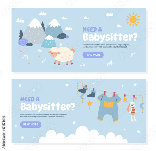 Babysitter posters set. Advertising and marketing. Dry clothes at rope. Parenthood and childhood. Cover, flyer and booklet. Cartoon flat vector collection isolated on white background