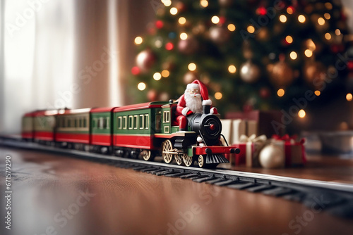 toy vintage steam locomotive on the floor under a decorated Christmas tree against the backdrop of a garland of bokeh lights.