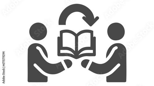An icon depicting two stylized figures sharing a book, with an arrow symbolizing the exchange of knowledge between them