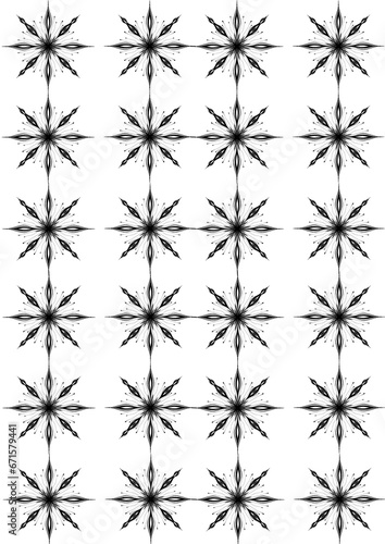 Many small black and white snowflakes with thin black outlines with four long and four shorter rays arranged in even rows and columns on a white background  close-up. Graphic illustration.