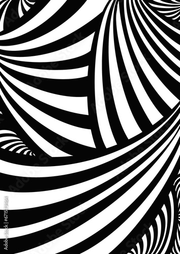 Black and white convex stripes are drawn chaotically from different parts of the screen on one side, narrowing on the other, expanding, creating separate groups on a white background, close-up.