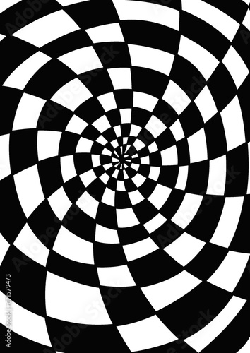 Black thin convex lines and one solid spiral line increasing towards the edge intersect creating cells that are painted black and white one after another. Graphic illustration. Pattern.