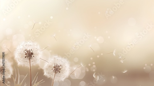 Dandelion fluff background for aesthetic minimalism style background. Beige  neutral and pastel color wallpaper with elegant and light flying fluffs. Fragile and lightweight.