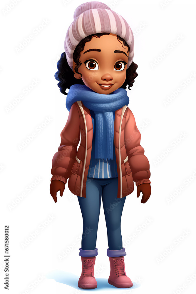 Cute Girl Dressed in Winter Clothes. Happy cartoon character. Realistic colorful isolated illustration on white background. Cute Girl Dressed in Winter Clothes. Happy cartoon character. Realistic colorful isolated illustration on white background.