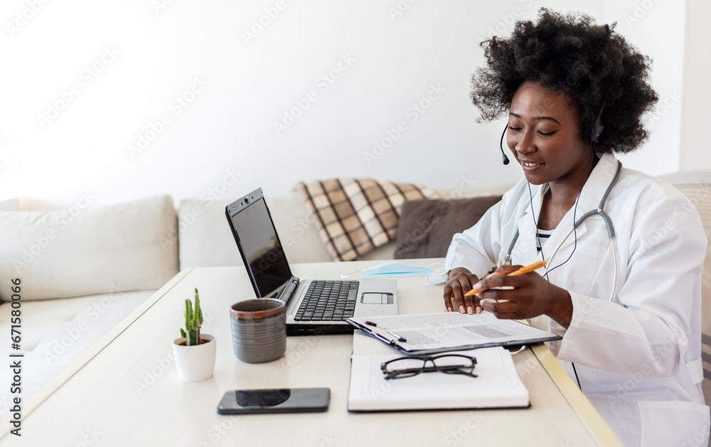 Head shot of woman wearing white coat stethoscope on shoulders looking at camera, doctor make video call interact through internet talk with patient provide help online counseling and therapy concept. - obrazy, fototapety, plakaty 
