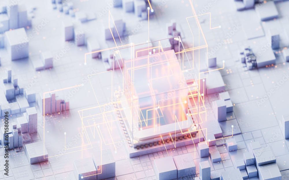 Technology circuit board and core, 3d rendering. Technology circuit board and core, 3d rendering.