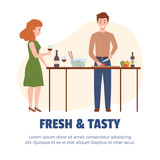 Couple spending time together at kitchen, flat vector illustration isolated.