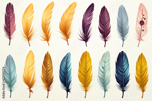 Vector feathers collection, watercolor feathers on white background. Realistic style, colorful vector 